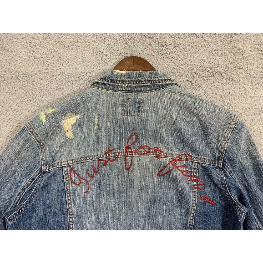 American Eagle (M) Blue Jean Denim Jacket Floral Wearable Art Distressed Pockets - Picture 16 of 16